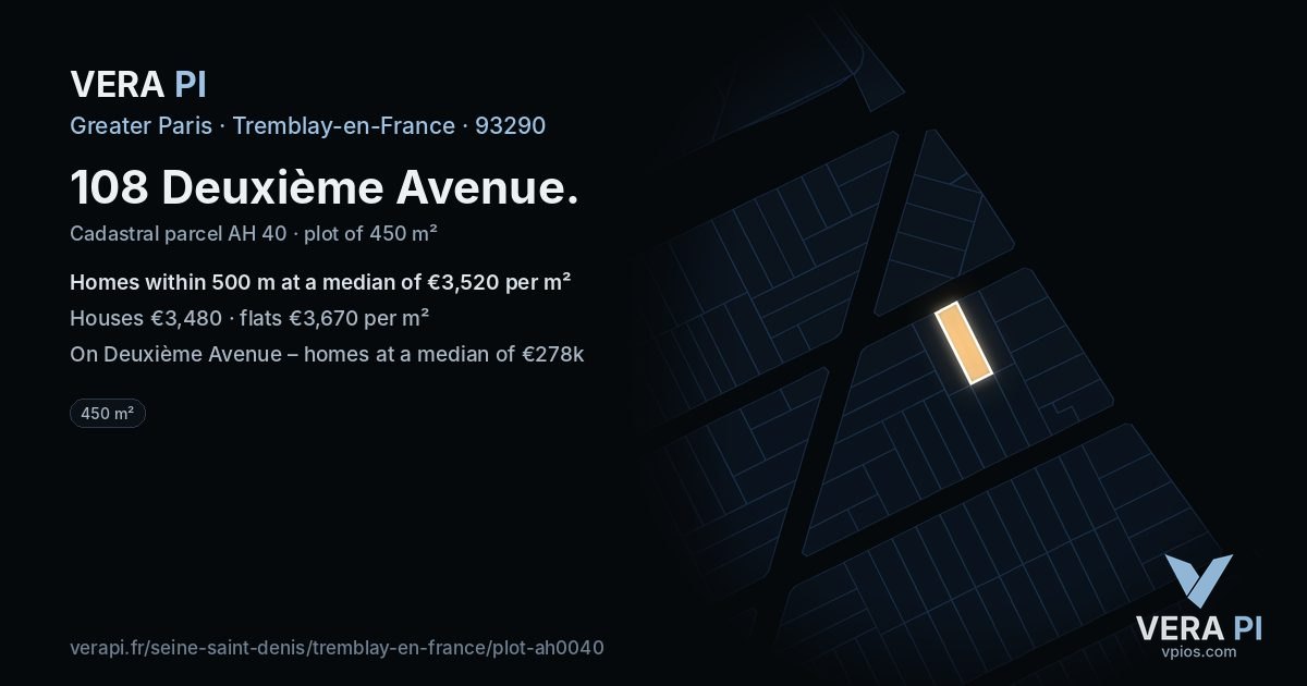 108 Deuxième Avenue, Tremblay-en-France at night – the plot lit, the parcels around coloured by the prices near them