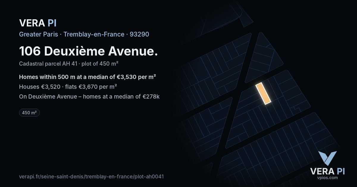 106 Deuxième Avenue, Tremblay-en-France at night – the plot lit, the parcels around coloured by the prices near them