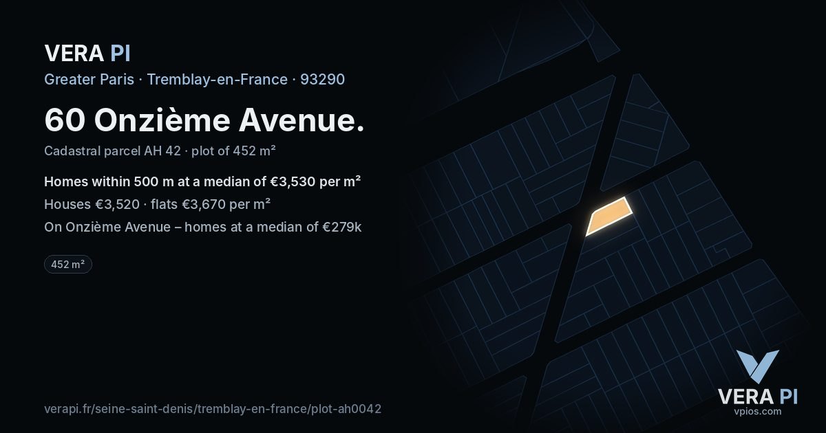 60 Onzième Avenue, Tremblay-en-France at night – the plot lit, the parcels around coloured by the prices near them