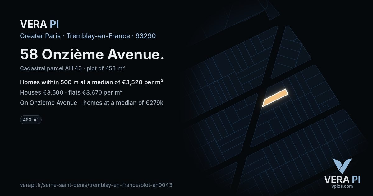 58 Onzième Avenue, Tremblay-en-France at night – the plot lit, the parcels around coloured by the prices near them