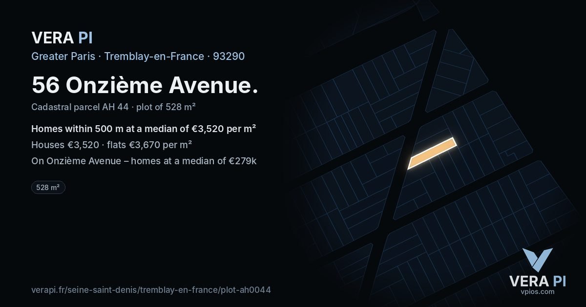 56 Onzième Avenue, Tremblay-en-France at night – the plot lit, the parcels around coloured by the prices near them