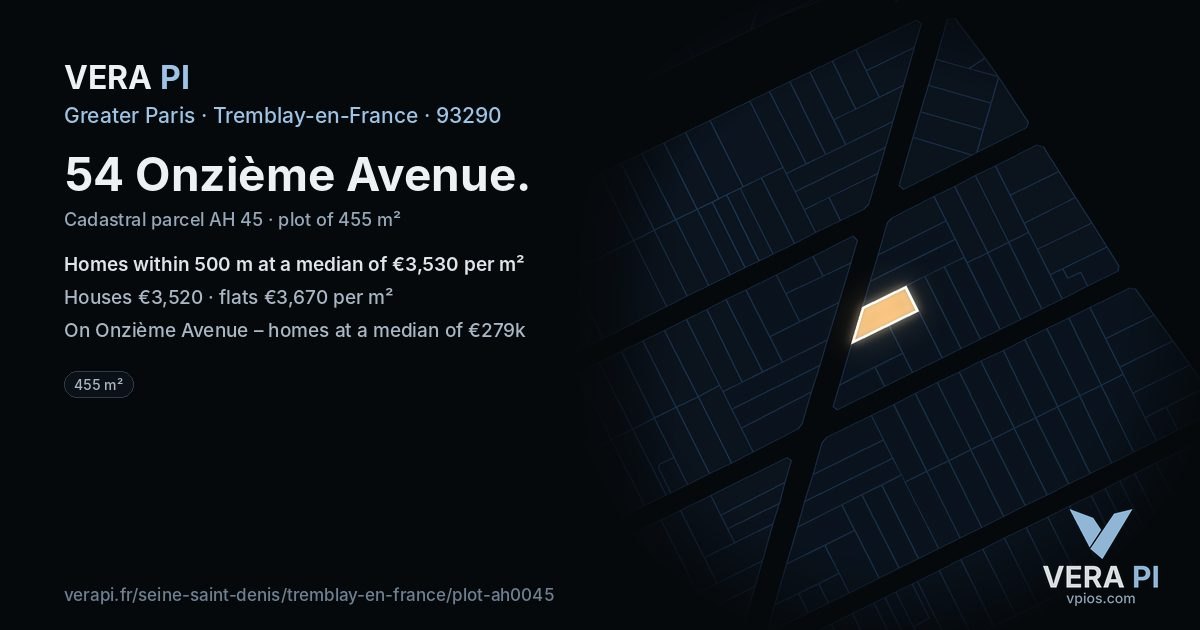 54 Onzième Avenue, Tremblay-en-France at night – the plot lit, the parcels around coloured by the prices near them