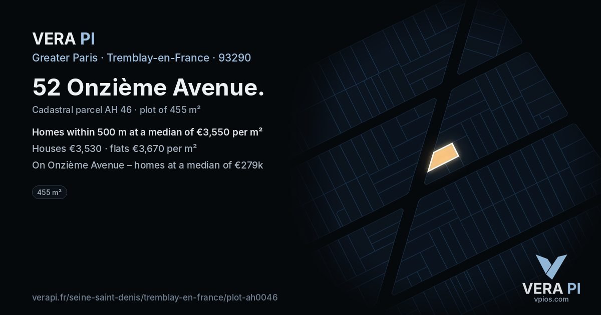 52 Onzième Avenue, Tremblay-en-France at night – the plot lit, the parcels around coloured by the prices near them