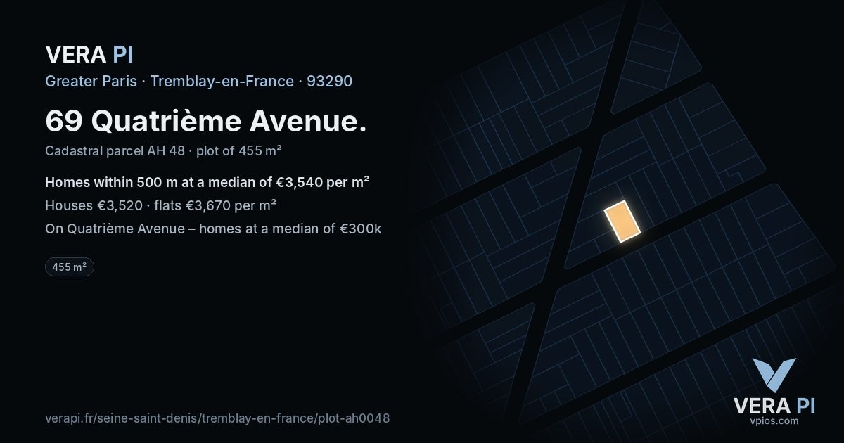 69 Quatrième Avenue, Tremblay-en-France at night – the plot lit, the parcels around coloured by the prices near them