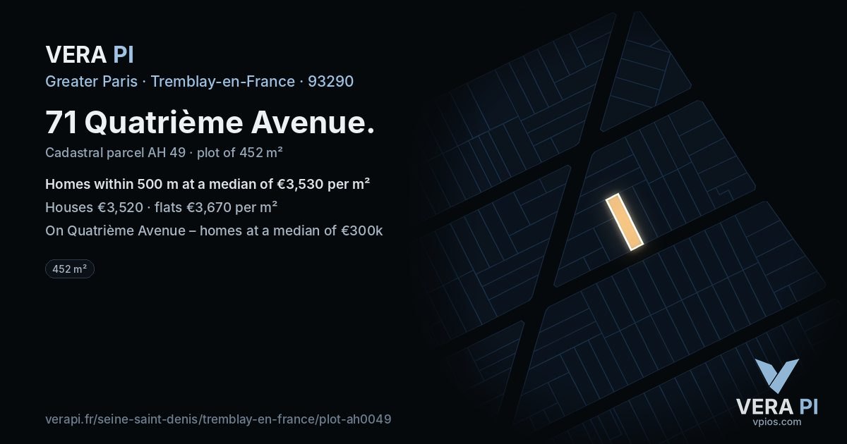 71 Quatrième Avenue, Tremblay-en-France at night – the plot lit, the parcels around coloured by the prices near them