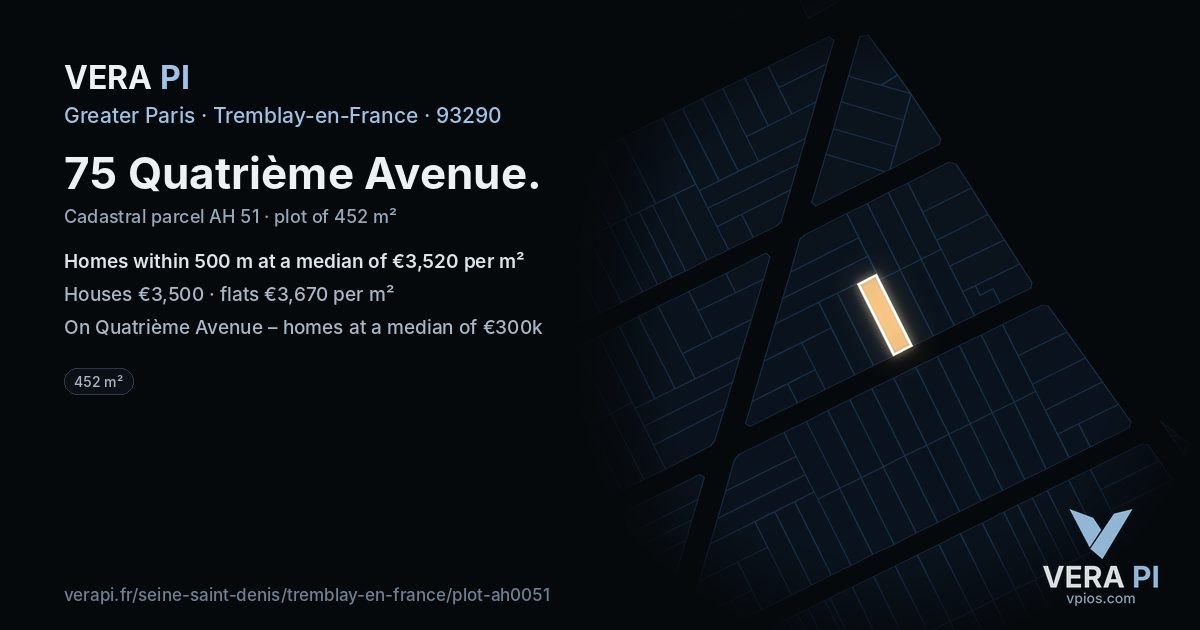 75 Quatrième Avenue, Tremblay-en-France at night – the plot lit, the parcels around coloured by the prices near them