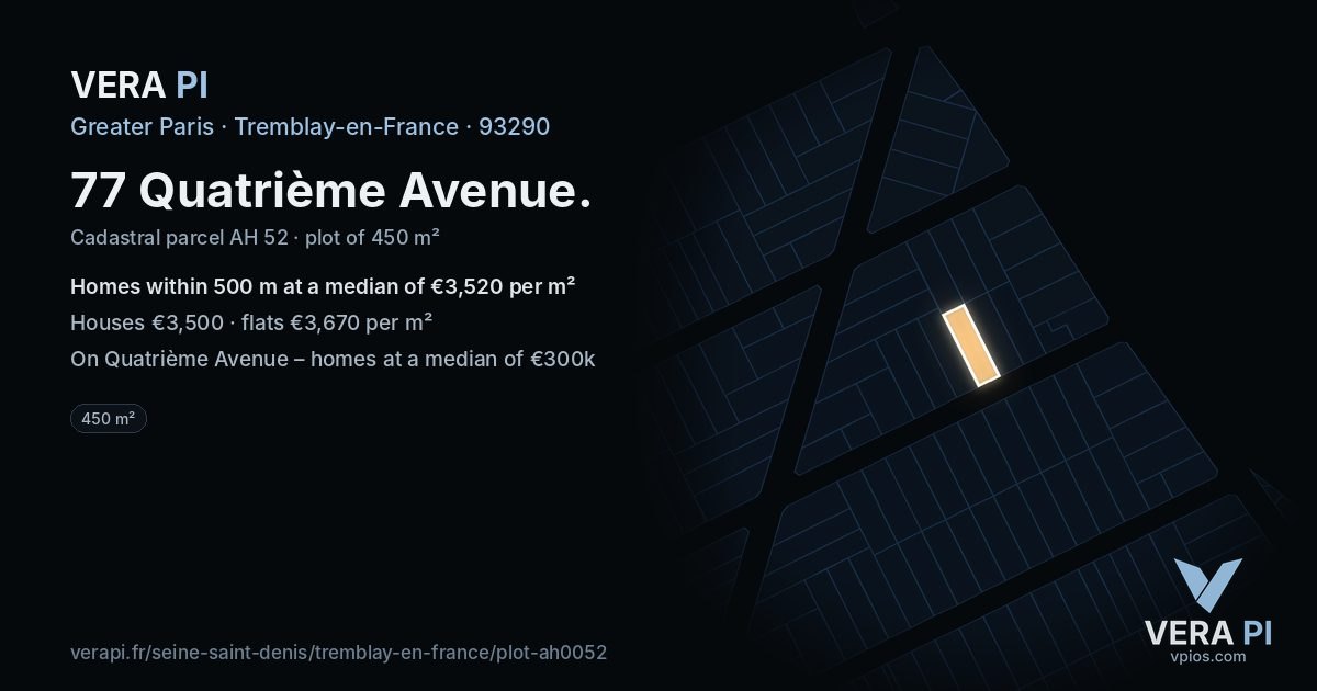 77 Quatrième Avenue, Tremblay-en-France at night – the plot lit, the parcels around coloured by the prices near them