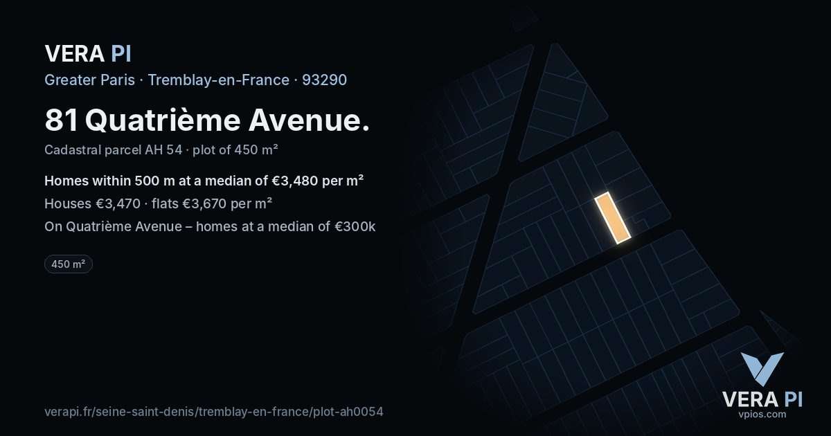 81 Quatrième Avenue, Tremblay-en-France at night – the plot lit, the parcels around coloured by the prices near them