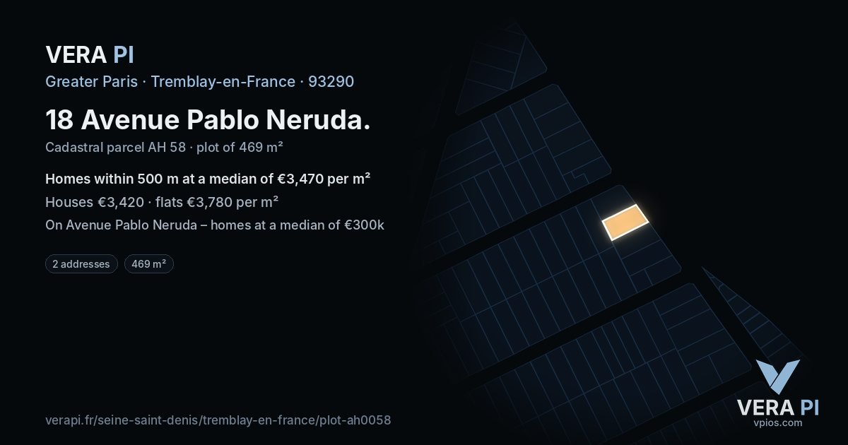18 Avenue Pablo Neruda, Tremblay-en-France at night – the plot lit, the parcels around coloured by the prices near them