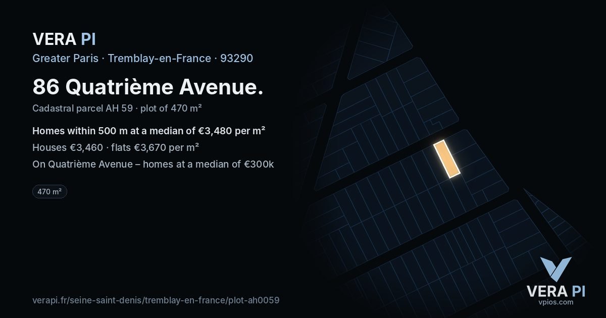86 Quatrième Avenue, Tremblay-en-France at night – the plot lit, the parcels around coloured by the prices near them