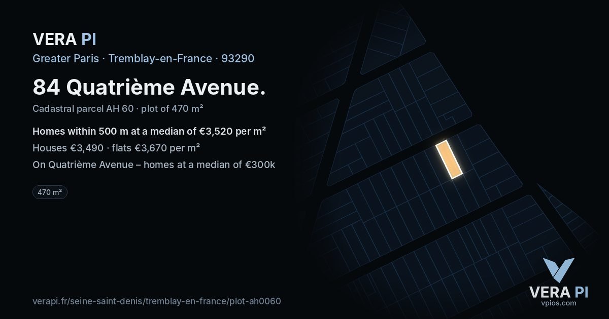 84 Quatrième Avenue, Tremblay-en-France at night – the plot lit, the parcels around coloured by the prices near them