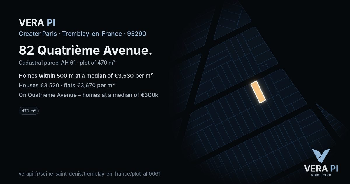 82 Quatrième Avenue, Tremblay-en-France at night – the plot lit, the parcels around coloured by the prices near them