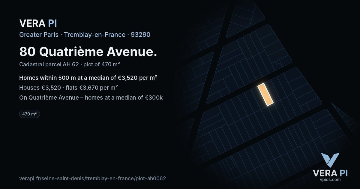 80 Quatrième Avenue, Tremblay-en-France at night – the plot lit, the parcels around coloured by the prices near them