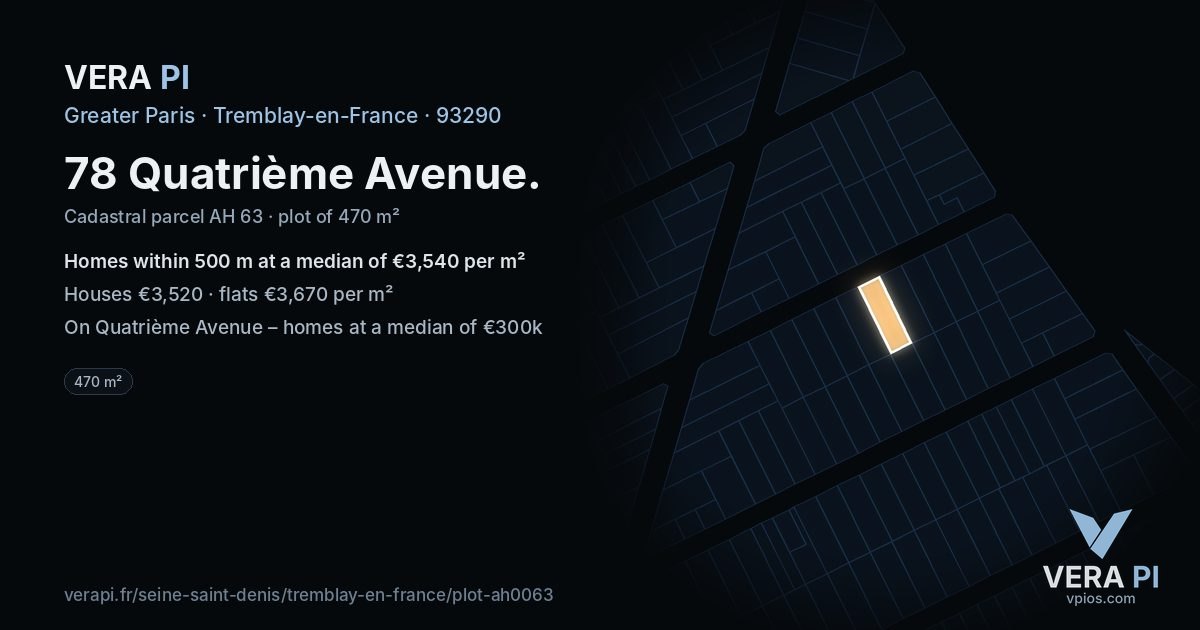 78 Quatrième Avenue, Tremblay-en-France at night – the plot lit, the parcels around coloured by the prices near them