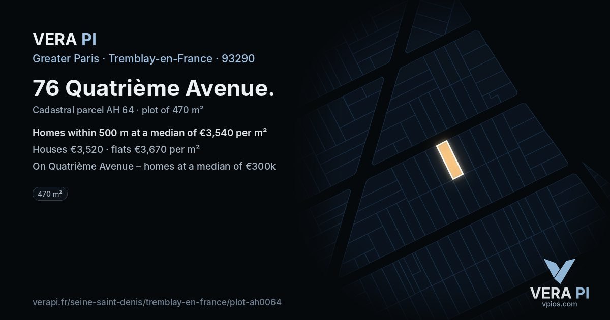 76 Quatrième Avenue, Tremblay-en-France at night – the plot lit, the parcels around coloured by the prices near them