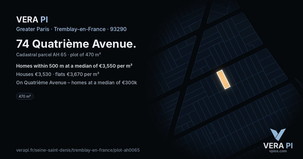 74 Quatrième Avenue, Tremblay-en-France at night – the plot lit, the parcels around coloured by the prices near them