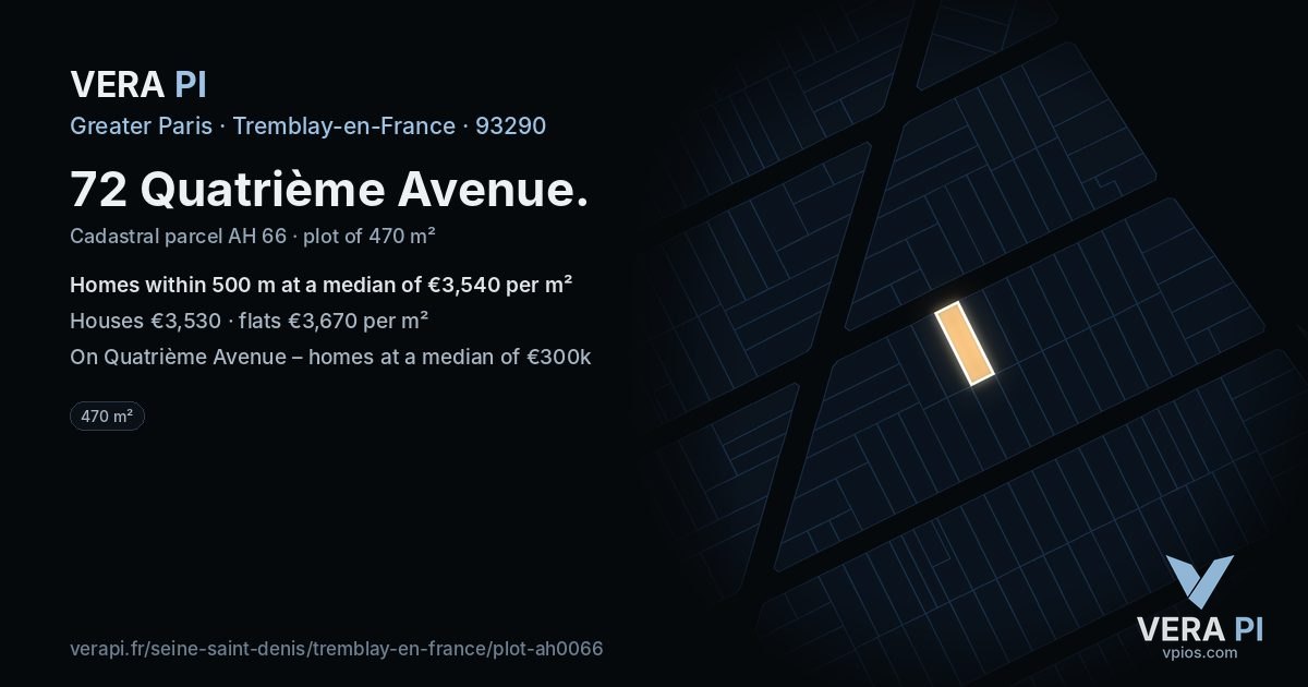 72 Quatrième Avenue, Tremblay-en-France at night – the plot lit, the parcels around coloured by the prices near them