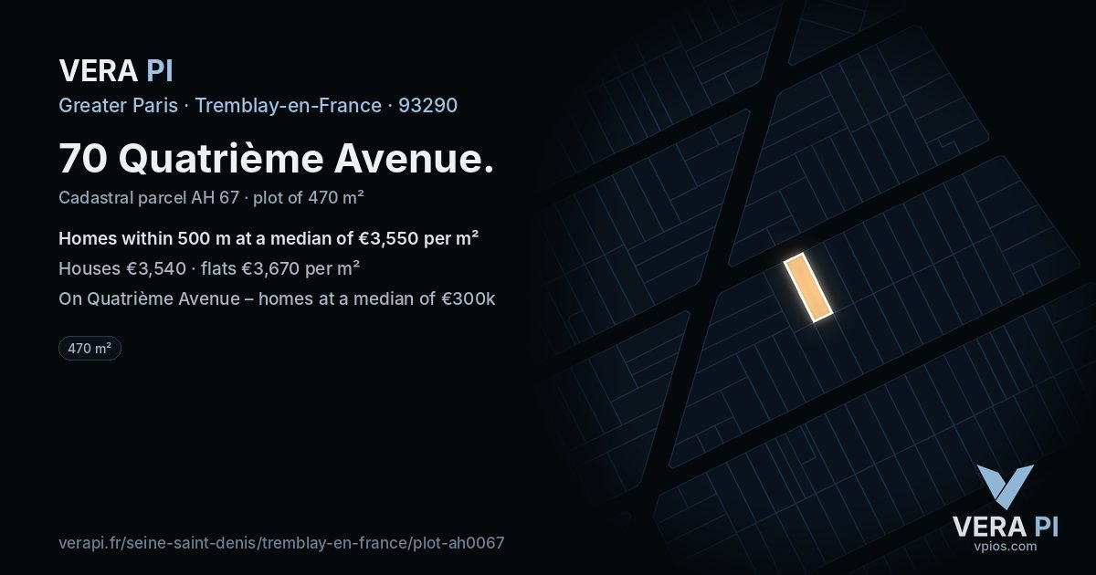 70 Quatrième Avenue, Tremblay-en-France at night – the plot lit, the parcels around coloured by the prices near them
