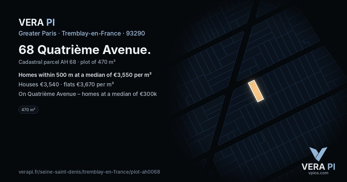 68 Quatrième Avenue, Tremblay-en-France at night – the plot lit, the parcels around coloured by the prices near them