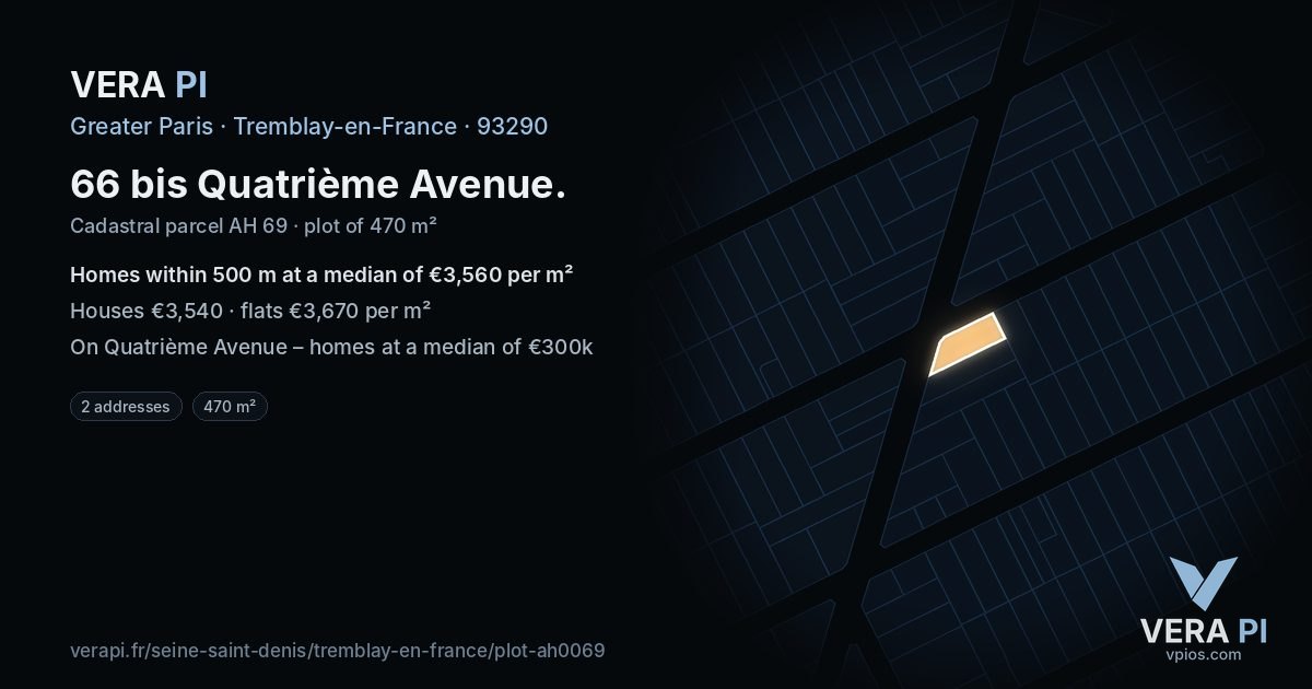 66 bis Quatrième Avenue, Tremblay-en-France at night – the plot lit, the parcels around coloured by the prices near them