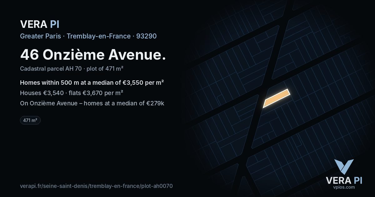 46 Onzième Avenue, Tremblay-en-France at night – the plot lit, the parcels around coloured by the prices near them