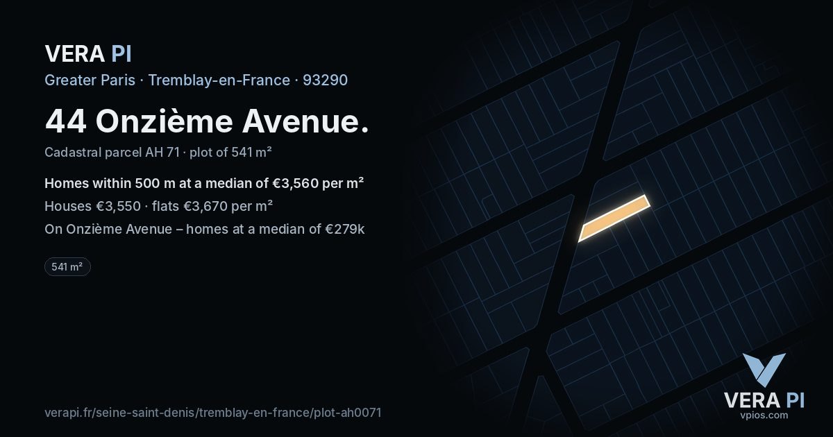 44 Onzième Avenue, Tremblay-en-France at night – the plot lit, the parcels around coloured by the prices near them