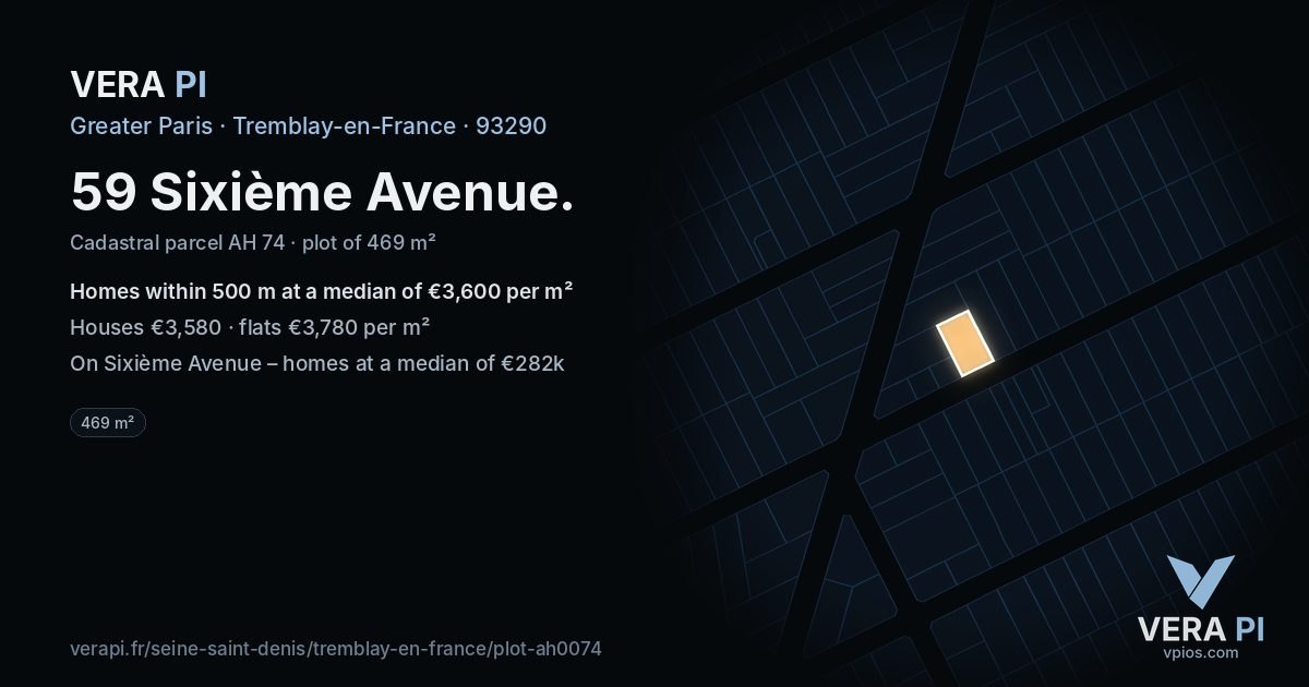 59 Sixième Avenue, Tremblay-en-France at night – the plot lit, the parcels around coloured by the prices near them