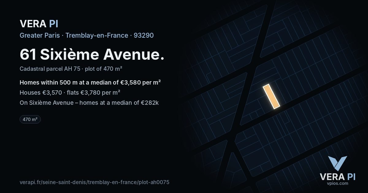 61 Sixième Avenue, Tremblay-en-France at night – the plot lit, the parcels around coloured by the prices near them