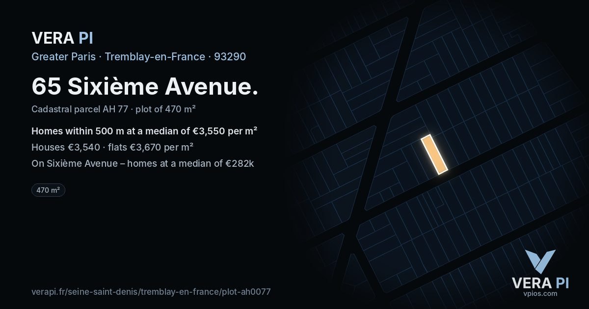 65 Sixième Avenue, Tremblay-en-France at night – the plot lit, the parcels around coloured by the prices near them