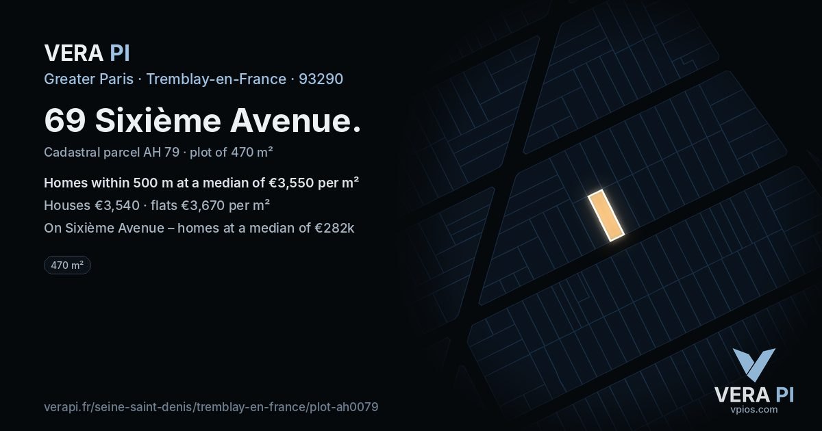 69 Sixième Avenue, Tremblay-en-France at night – the plot lit, the parcels around coloured by the prices near them