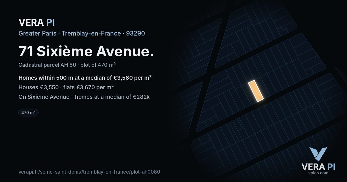 71 Sixième Avenue, Tremblay-en-France at night – the plot lit, the parcels around coloured by the prices near them