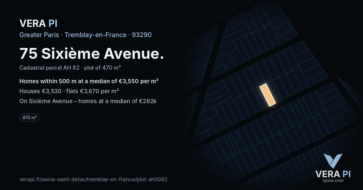 75 Sixième Avenue, Tremblay-en-France at night – the plot lit, the parcels around coloured by the prices near them