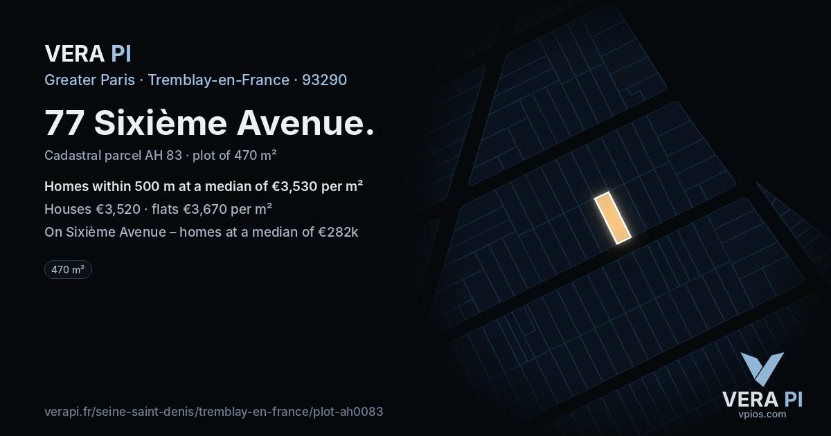 77 Sixième Avenue, Tremblay-en-France at night – the plot lit, the parcels around coloured by the prices near them