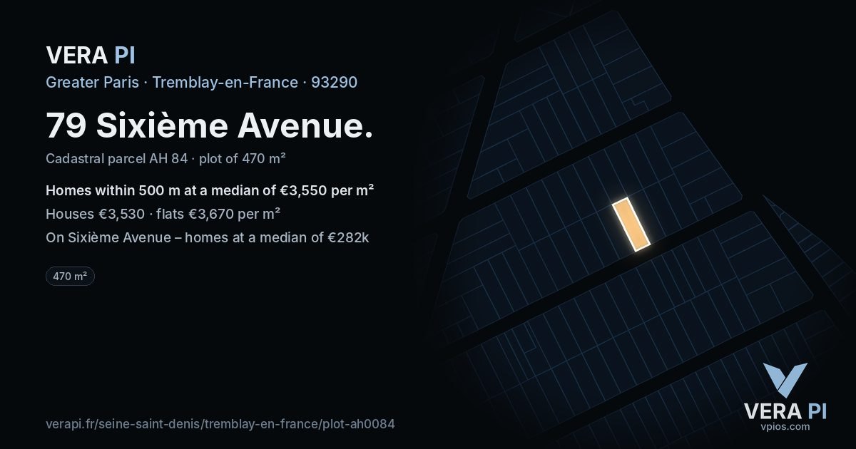 79 Sixième Avenue, Tremblay-en-France at night – the plot lit, the parcels around coloured by the prices near them