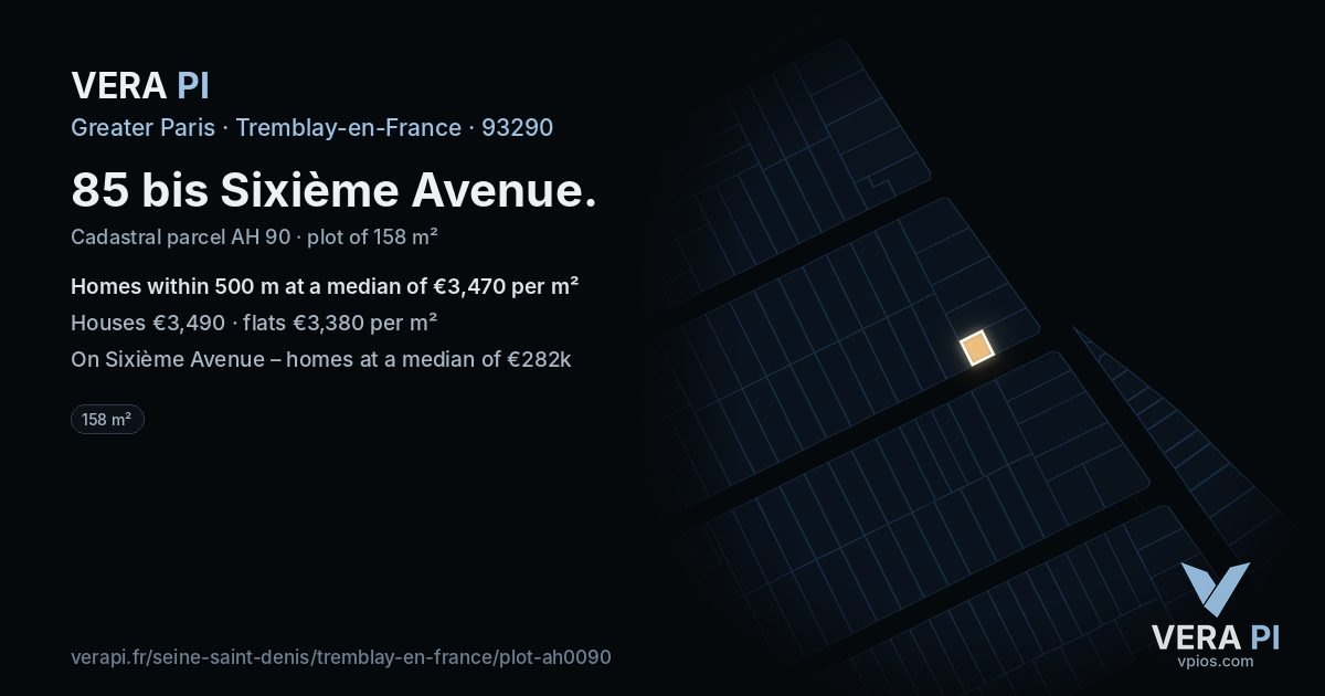 85 bis Sixième Avenue, Tremblay-en-France at night – the plot lit, the parcels around coloured by the prices near them