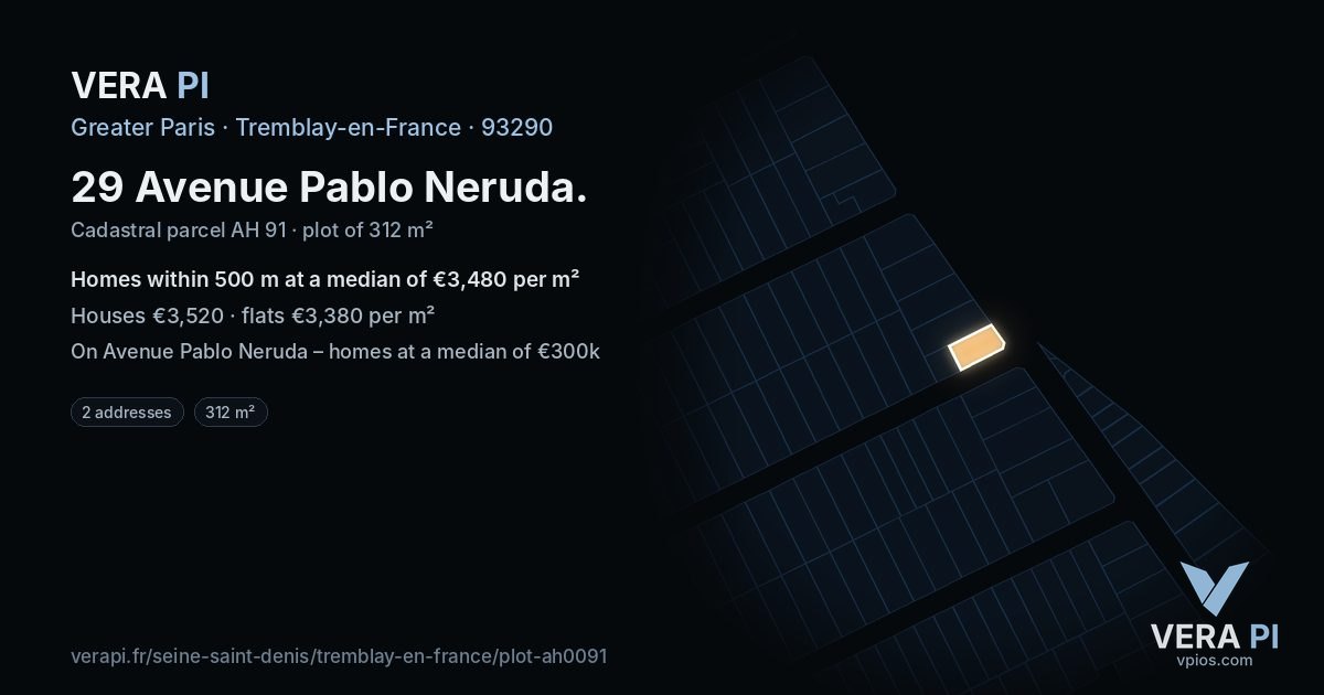 29 Avenue Pablo Neruda, Tremblay-en-France at night – the plot lit, the parcels around coloured by the prices near them