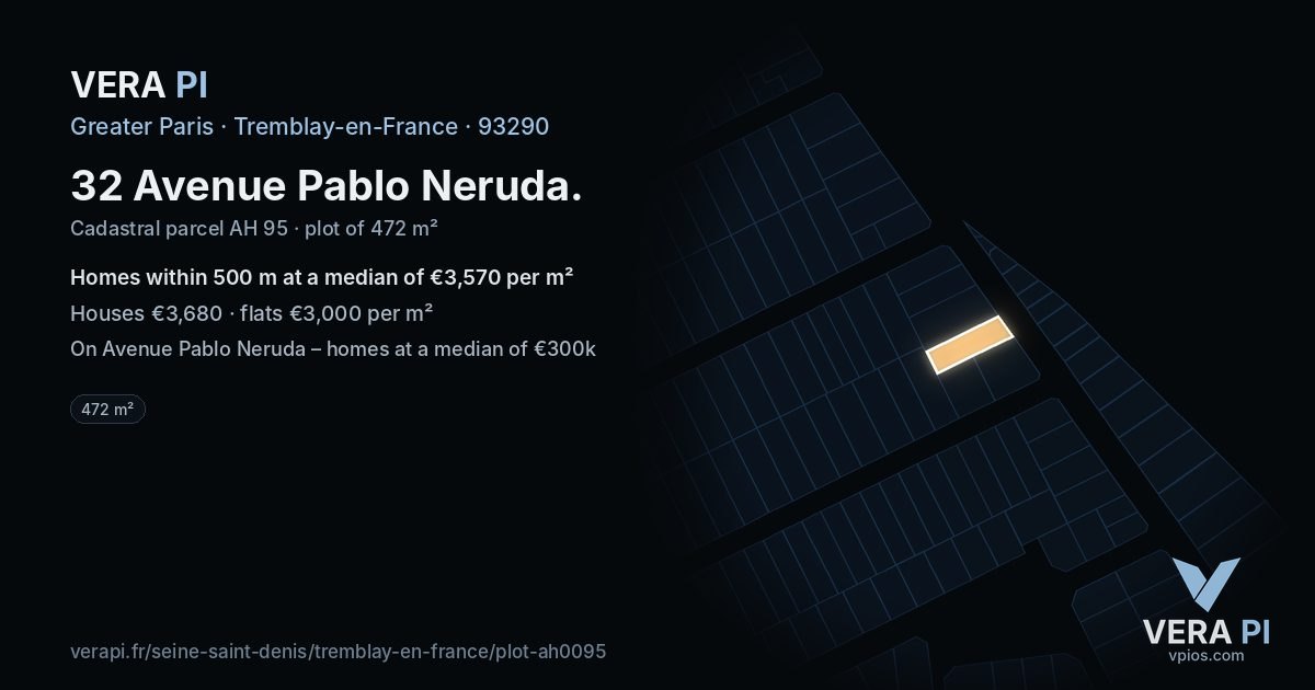 32 Avenue Pablo Neruda, Tremblay-en-France at night – the plot lit, the parcels around coloured by the prices near them