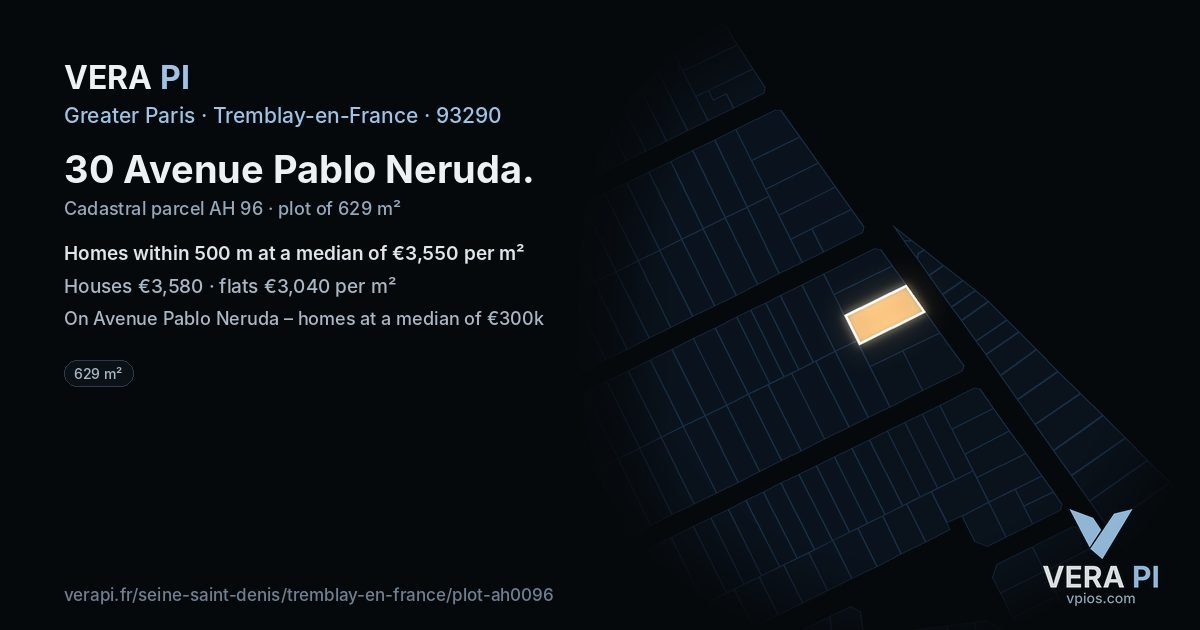 30 Avenue Pablo Neruda, Tremblay-en-France at night – the plot lit, the parcels around coloured by the prices near them