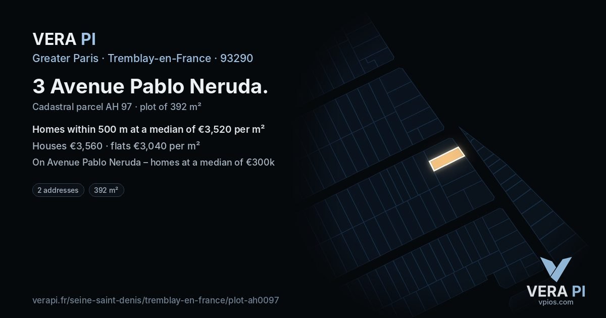3 Avenue Pablo Neruda, Tremblay-en-France at night – the plot lit, the parcels around coloured by the prices near them