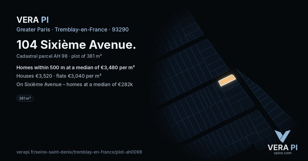 104 Sixième Avenue, Tremblay-en-France at night – the plot lit, the parcels around coloured by the prices near them
