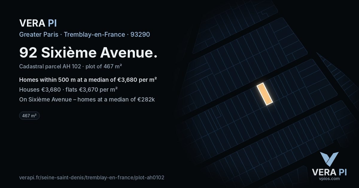 92 Sixième Avenue, Tremblay-en-France at night – the plot lit, the parcels around coloured by the prices near them