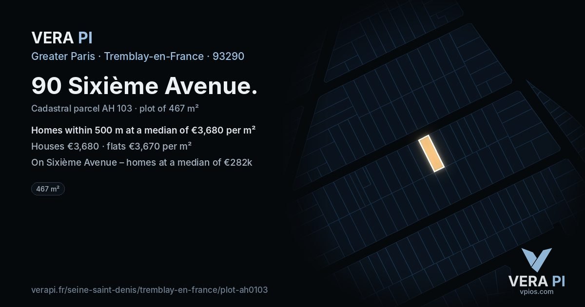 90 Sixième Avenue, Tremblay-en-France at night – the plot lit, the parcels around coloured by the prices near them
