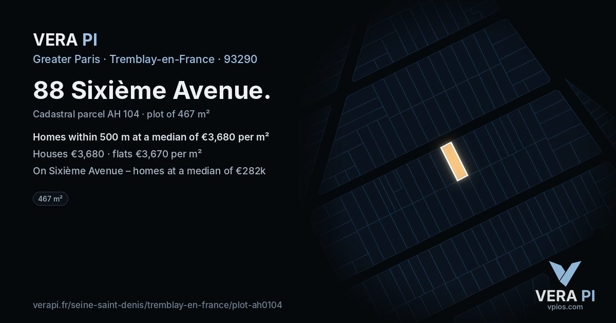 88 Sixième Avenue, Tremblay-en-France at night – the plot lit, the parcels around coloured by the prices near them
