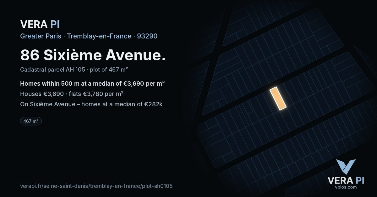 86 Sixième Avenue, Tremblay-en-France at night – the plot lit, the parcels around coloured by the prices near them
