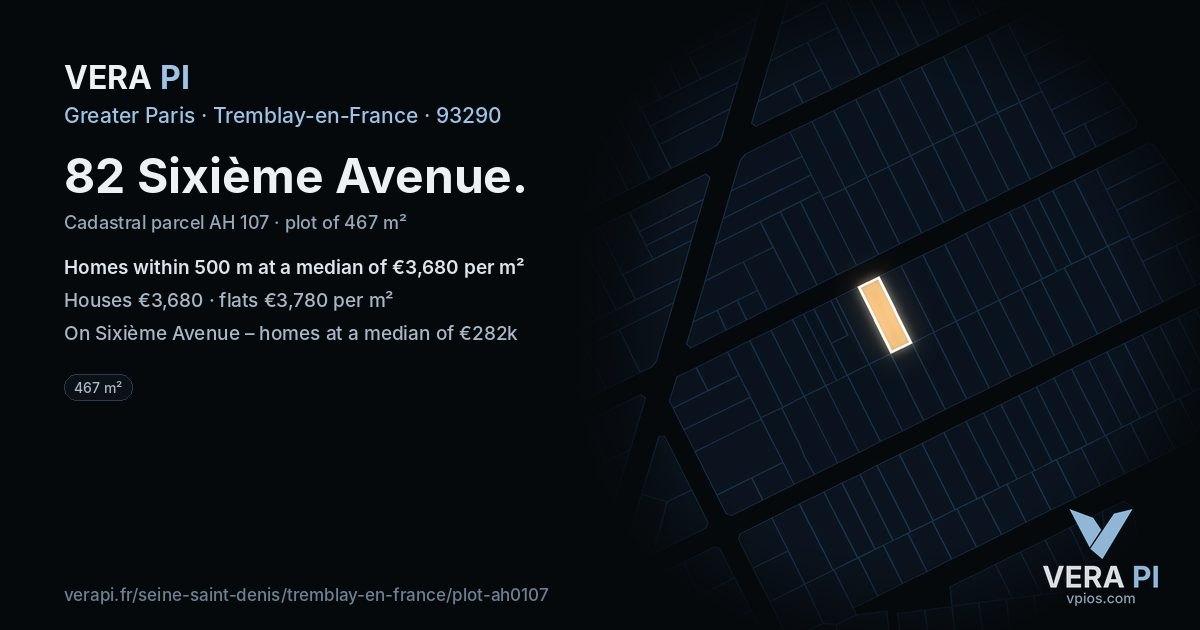 82 Sixième Avenue, Tremblay-en-France at night – the plot lit, the parcels around coloured by the prices near them