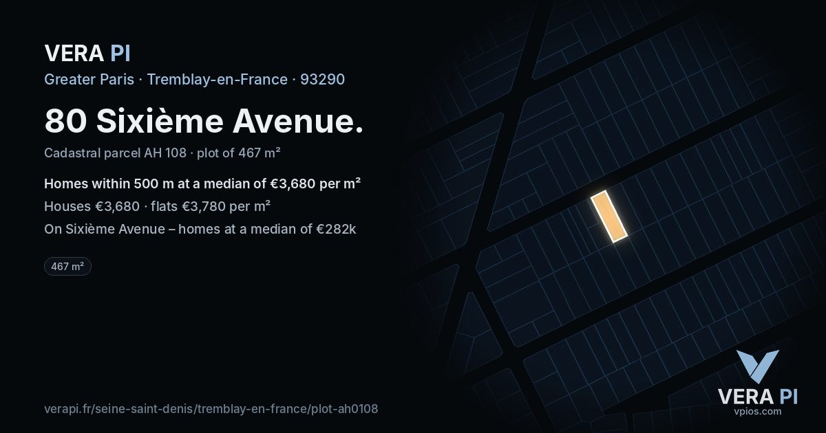 80 Sixième Avenue, Tremblay-en-France at night – the plot lit, the parcels around coloured by the prices near them