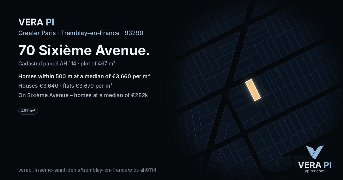 70 Sixième Avenue, Tremblay-en-France at night – the plot lit, the parcels around coloured by the prices near them