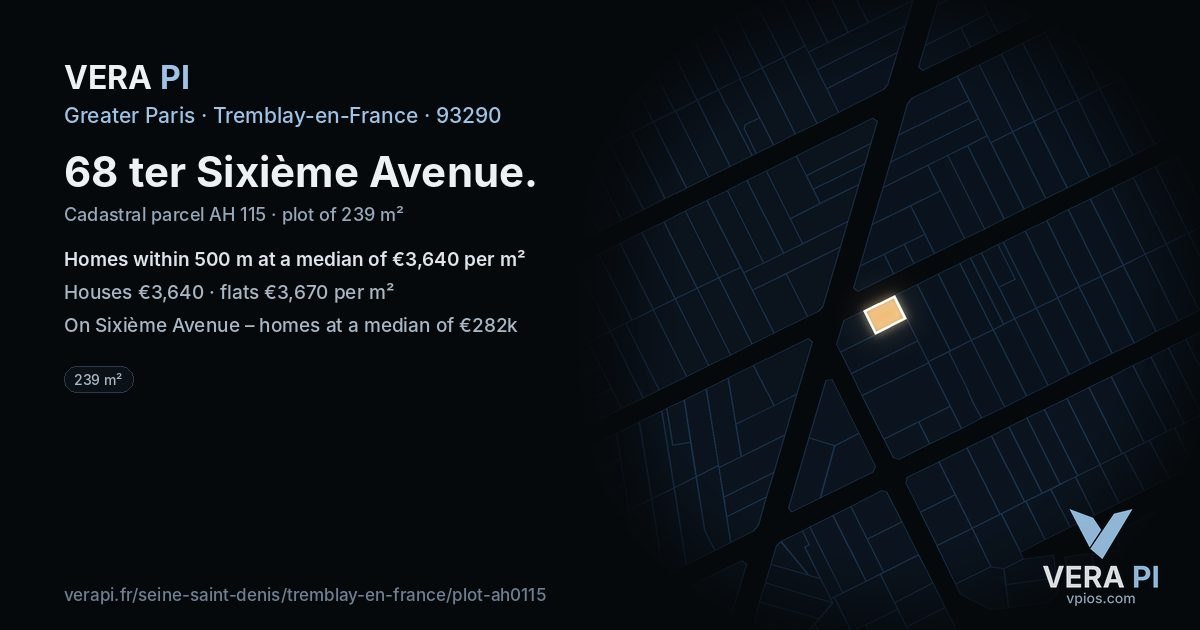 68 ter Sixième Avenue, Tremblay-en-France at night – the plot lit, the parcels around coloured by the prices near them