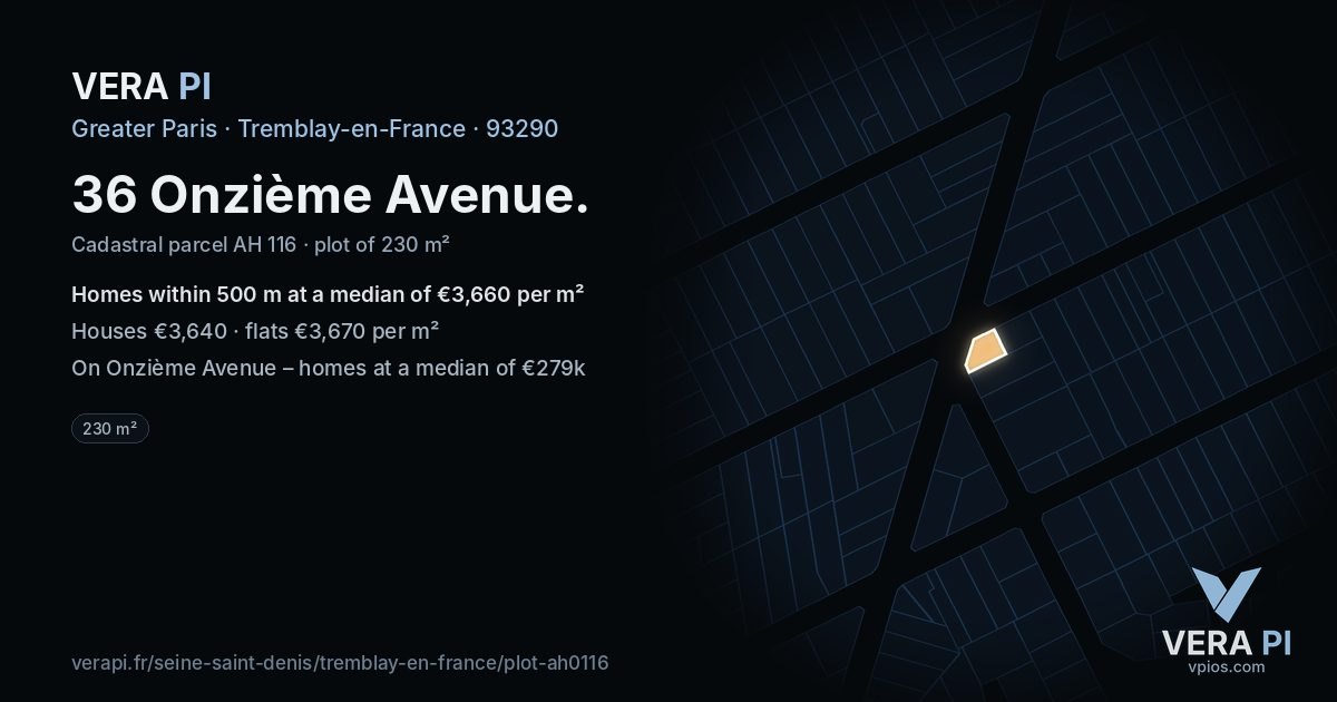 36 Onzième Avenue, Tremblay-en-France at night – the plot lit, the parcels around coloured by the prices near them