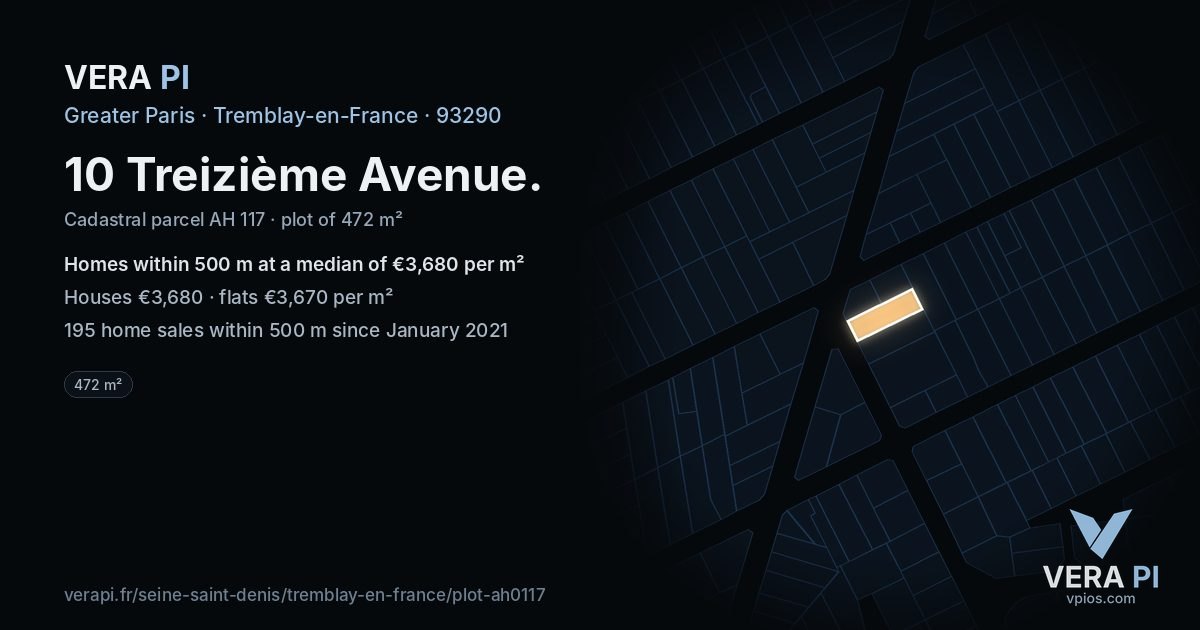 10 Treizième Avenue, Tremblay-en-France at night – the plot lit, the parcels around coloured by the prices near them